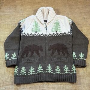 Eddie Bauer Woman's Full Zip Cardigan Bear Pine Tree Wool Blend Sweater Size M